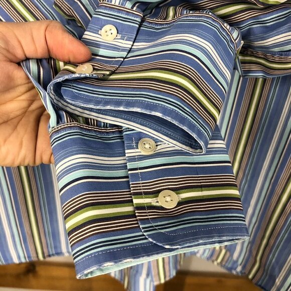 Pink THOMAS PINK Striped Button Down Shirt Blue Yellow White Green Sz 16 / 34.5 - Picture 4 of 10